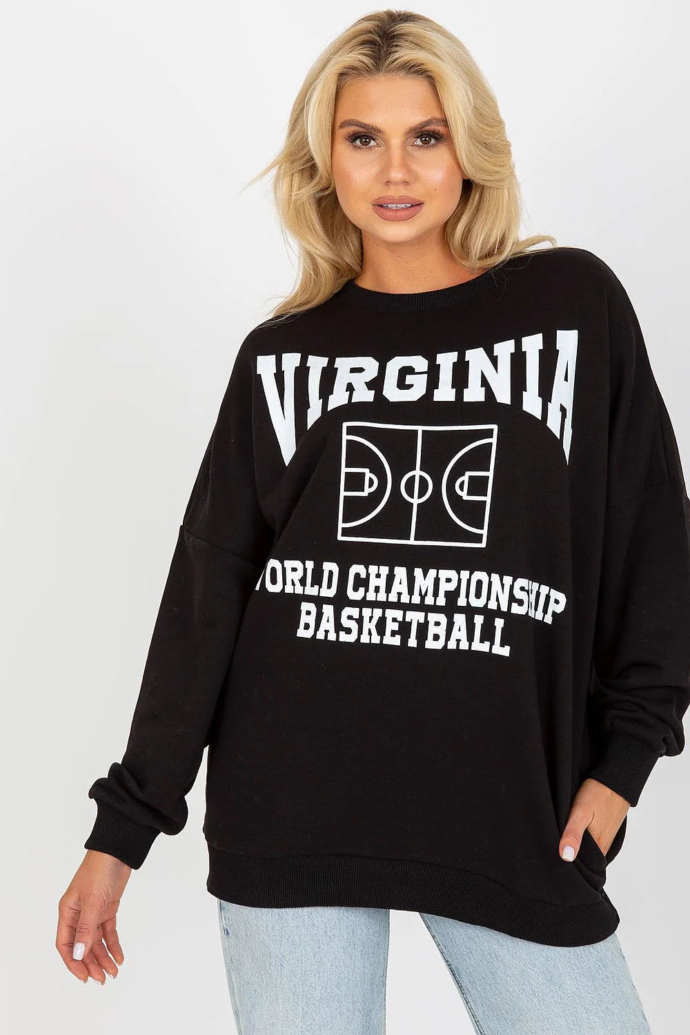 Sweatshirt oversize noir pour femme manches longues style sportif graphique basket court baskets urban streetwear