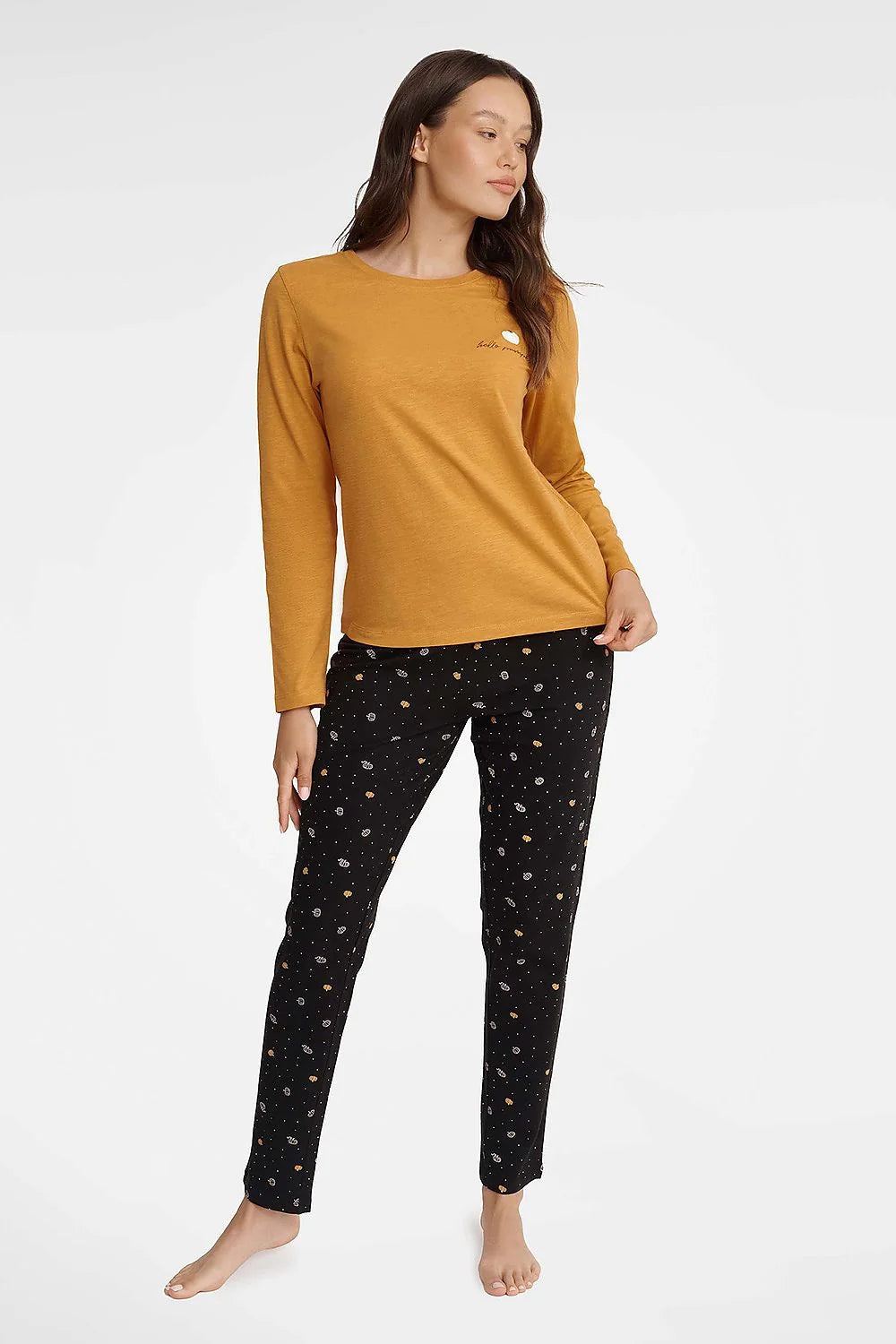 Pyjama femme moutarde deux pièces chemisier manches longues pantalon ample coton élasthanne confort
