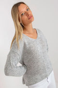 Pull pour femme Chandail Och Bella en acrylique et laine manches longues encolure V coupe ample finitions côtelées gris clair
