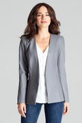 Blazer femme similicuir chic gris élégant coupe cintrée sans poches ouverture dos nu professionnel