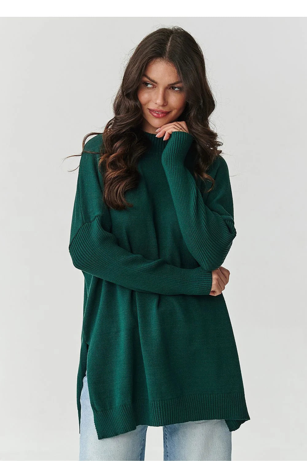 pull oversize femme viscose douceur col roulé tunique longue sapin manches longues épaules tombantes fentes latérales bords côtes ourlet cosy