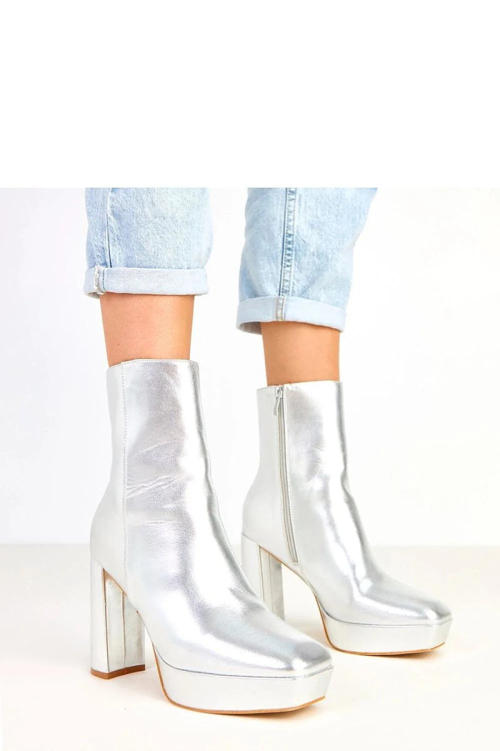 bottines argentées femme cuir synthétique effet miroir talon bloc 11cm plateforme 25mm tige 16cm fermeture éclair semelle caoutchouc