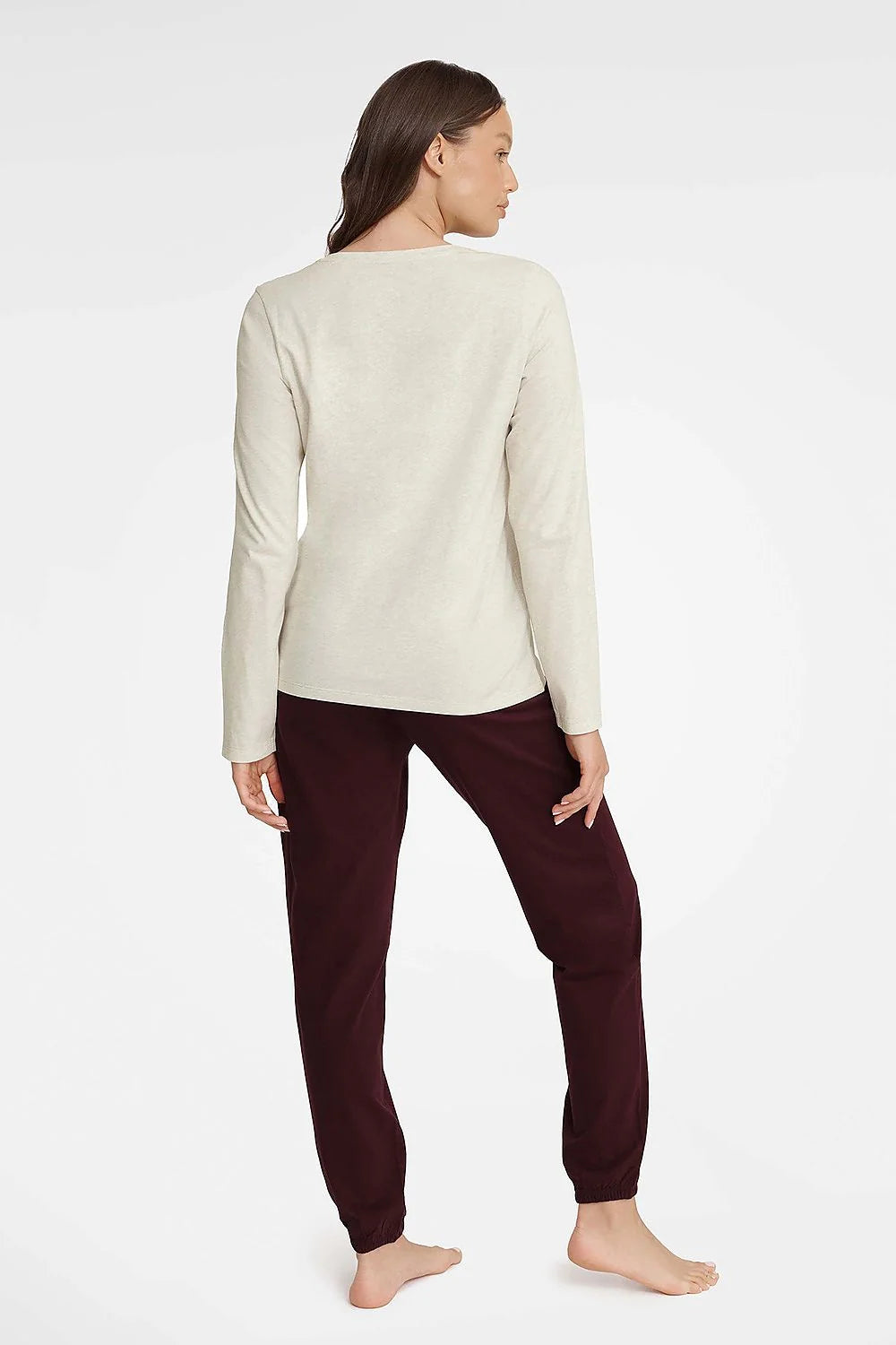 pyjama Henderson femme deux pièces coton doux crème bordeaux contrasté imprimé slogan lettres noires haut manches longues pantalon