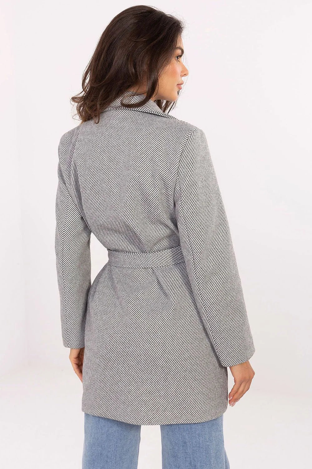manteau femme caban court ceinturé laineux chevrons gris anthracite coupe mi hanches cintrée grand col revers double boutonnage