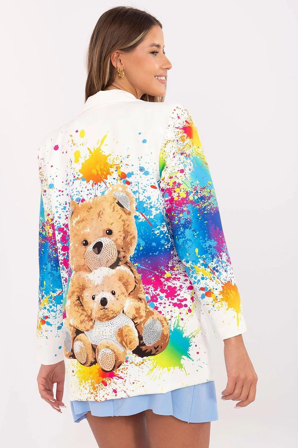 Veste femme moderne couleurs vives motif ours en peluche style pop-art manches longues coupe ajustée idéale pour quotidien travail fêtes