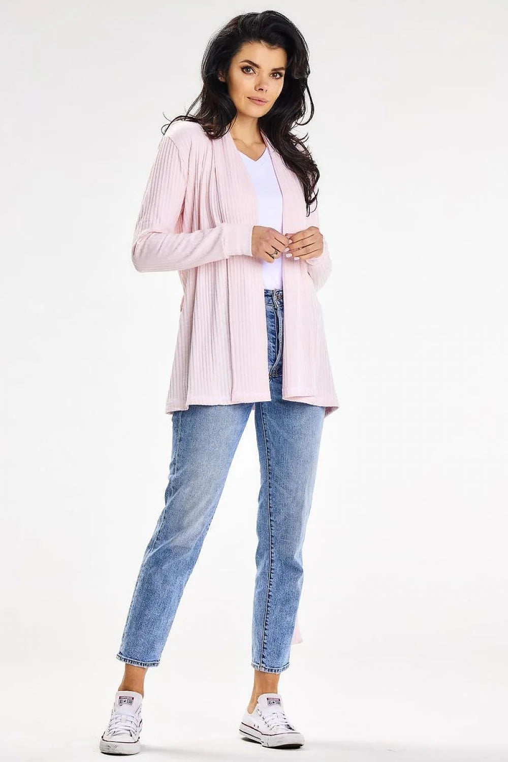 Cardigan femme awama col châle long ample polyester spandex viscose ceinture assortie light pink printemps été