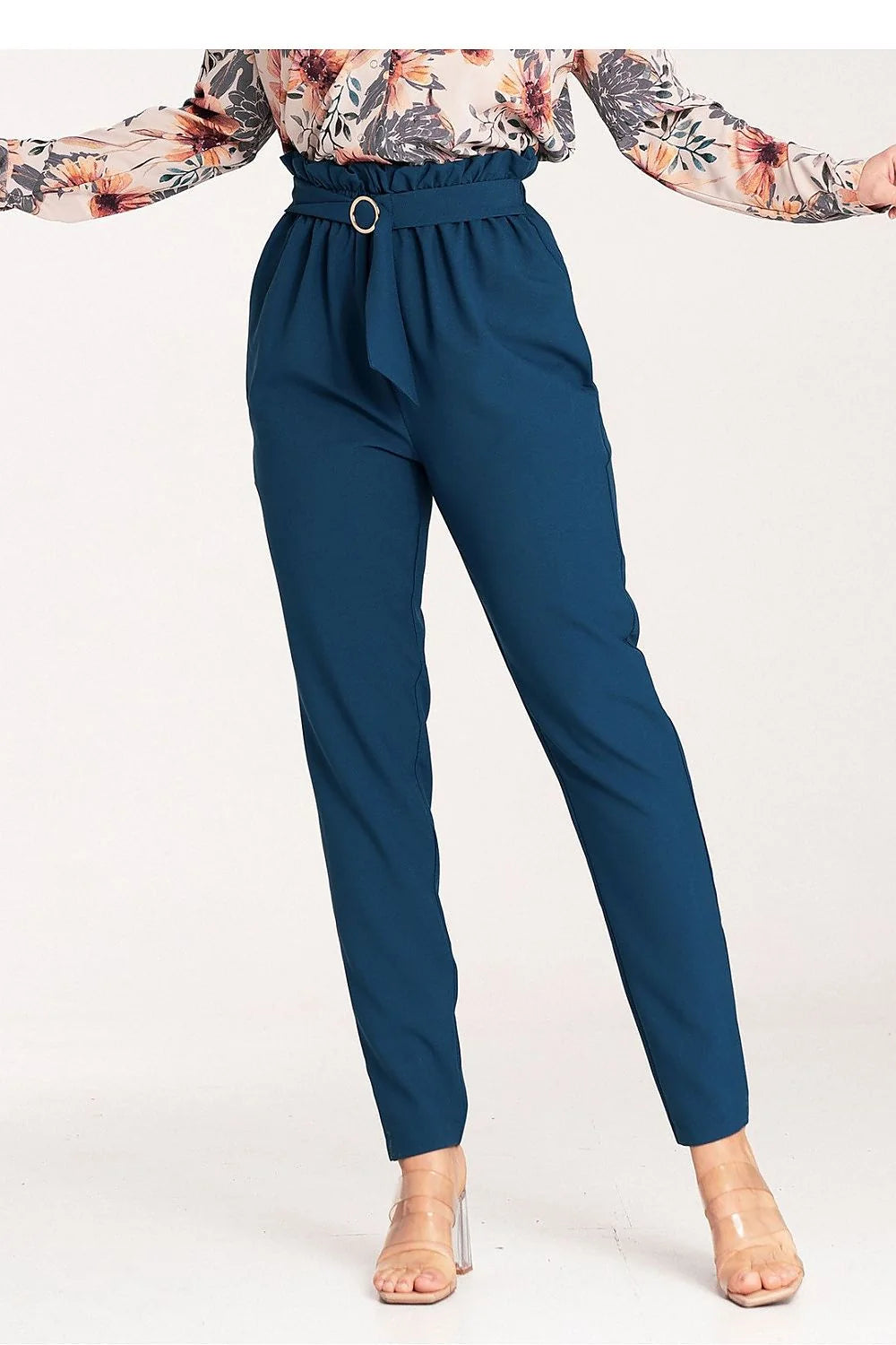 Pantalon femme élégant moderne coupe carotte taille haute ceinture dorée polyester tailles XS S M L XL