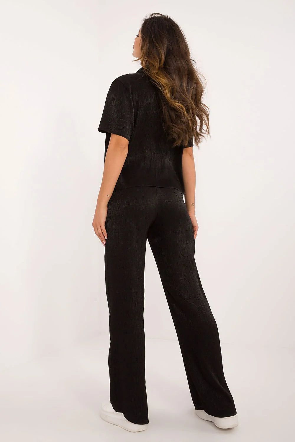 Ensemble Lakerta femme élégant décontracté noir-shirt manches courtes col classique pantalon ample élasthanne viscose