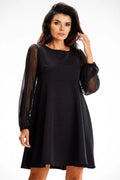 robe soirée noire trapèze courte satinée manches longues transparentes tulle plissé bouffantes poignets élastiqués col rond ajustée féminine élégante sophistiquée