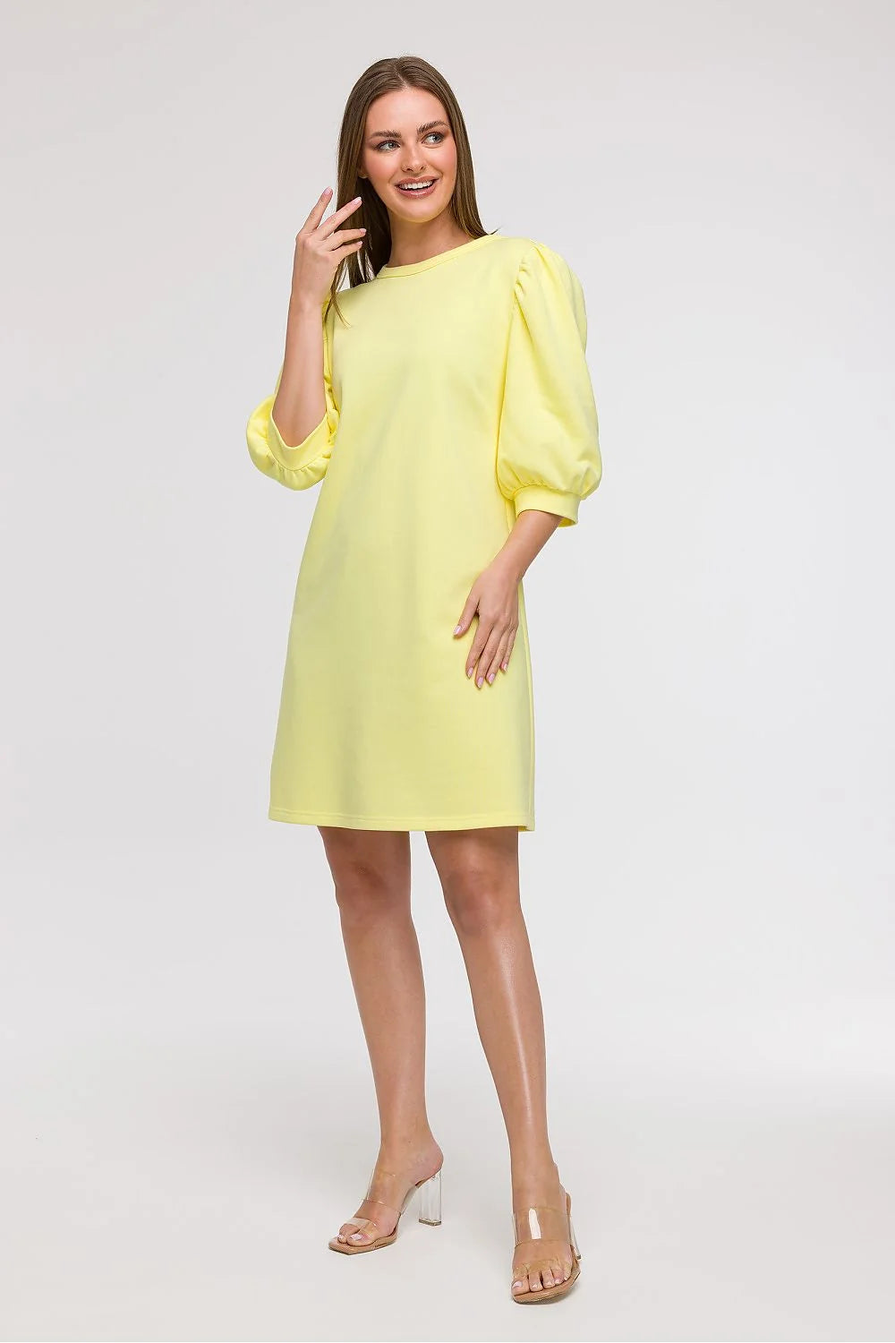 Robe de jour Be Wear jaune pâle manches 3/4 coupe ample style A ligne Polonaise femme été vacation ville