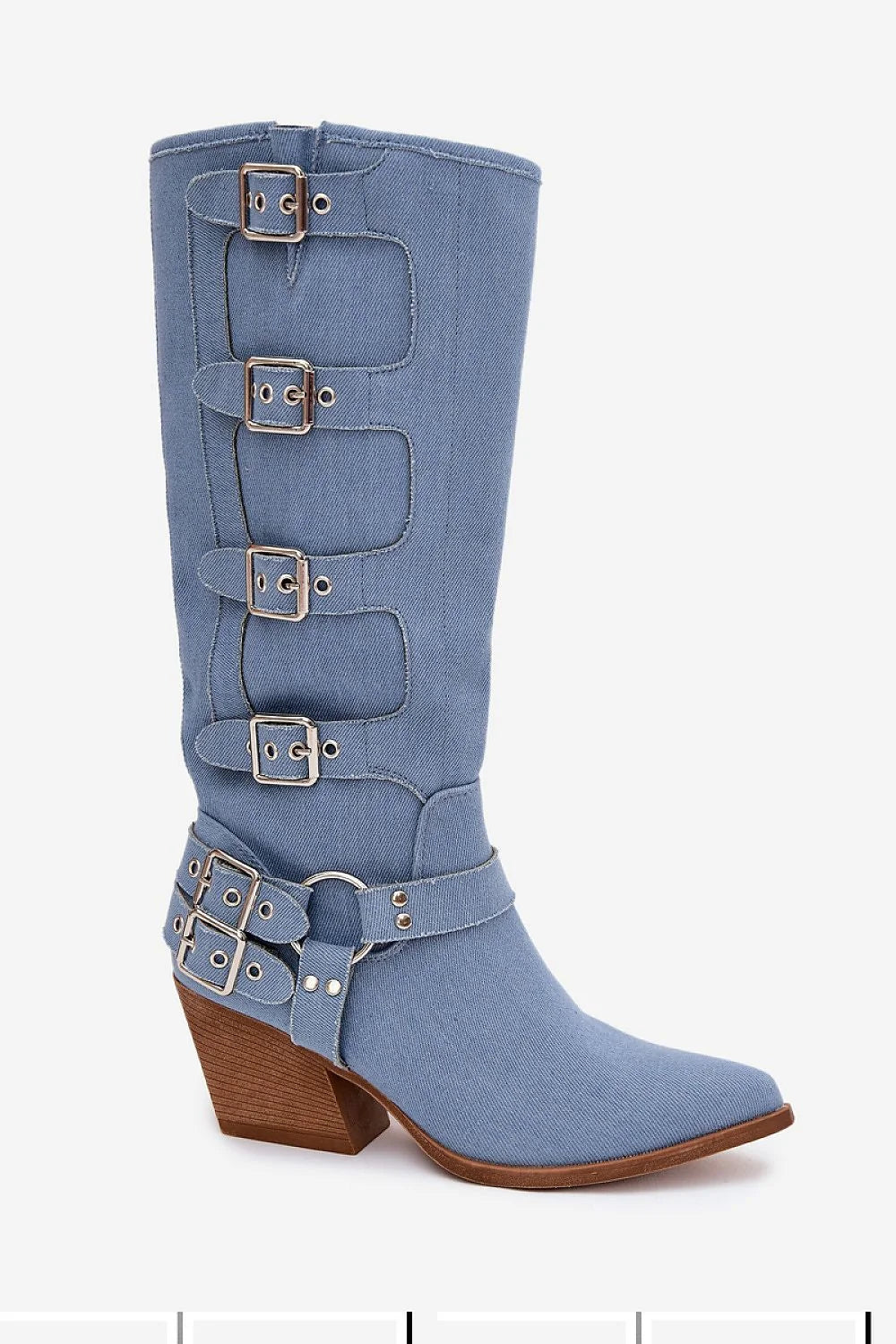 bottes cowboy western femme mi mollet denim bleu clair bout pointu talon poteau moyen effet bois boucles réglables