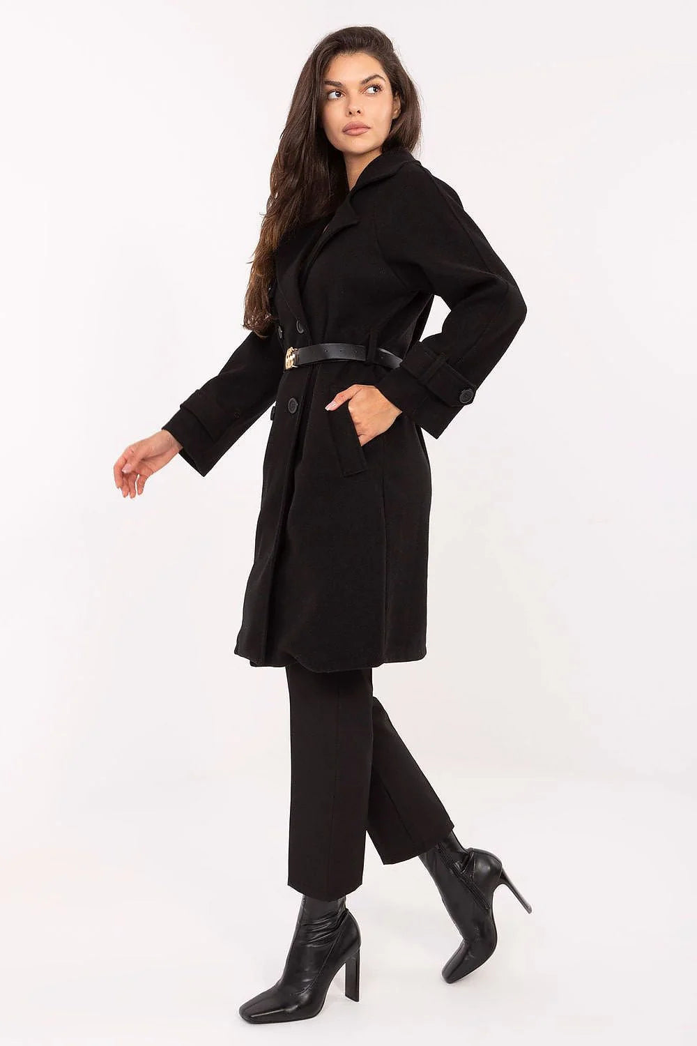 manteau mi long femme polyester noir double boutonnage col tailleur coupe légèrement cintrée ceinture fine cuir boucle double anneau doré