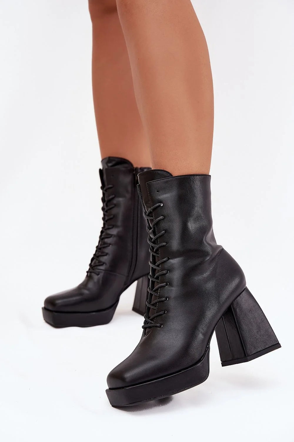 bottines femme similicuir noir lacées fermeture éclair intérieure doublure chaude talon colonne 9cm semelle épaisse plateforme avant bout carré urbain