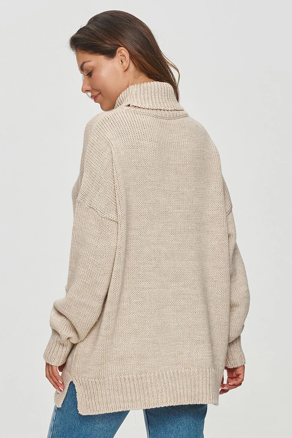 Pull ample femme col roulé maille épaisse beige manches raglan poches plaquées côtelé longues durée doux