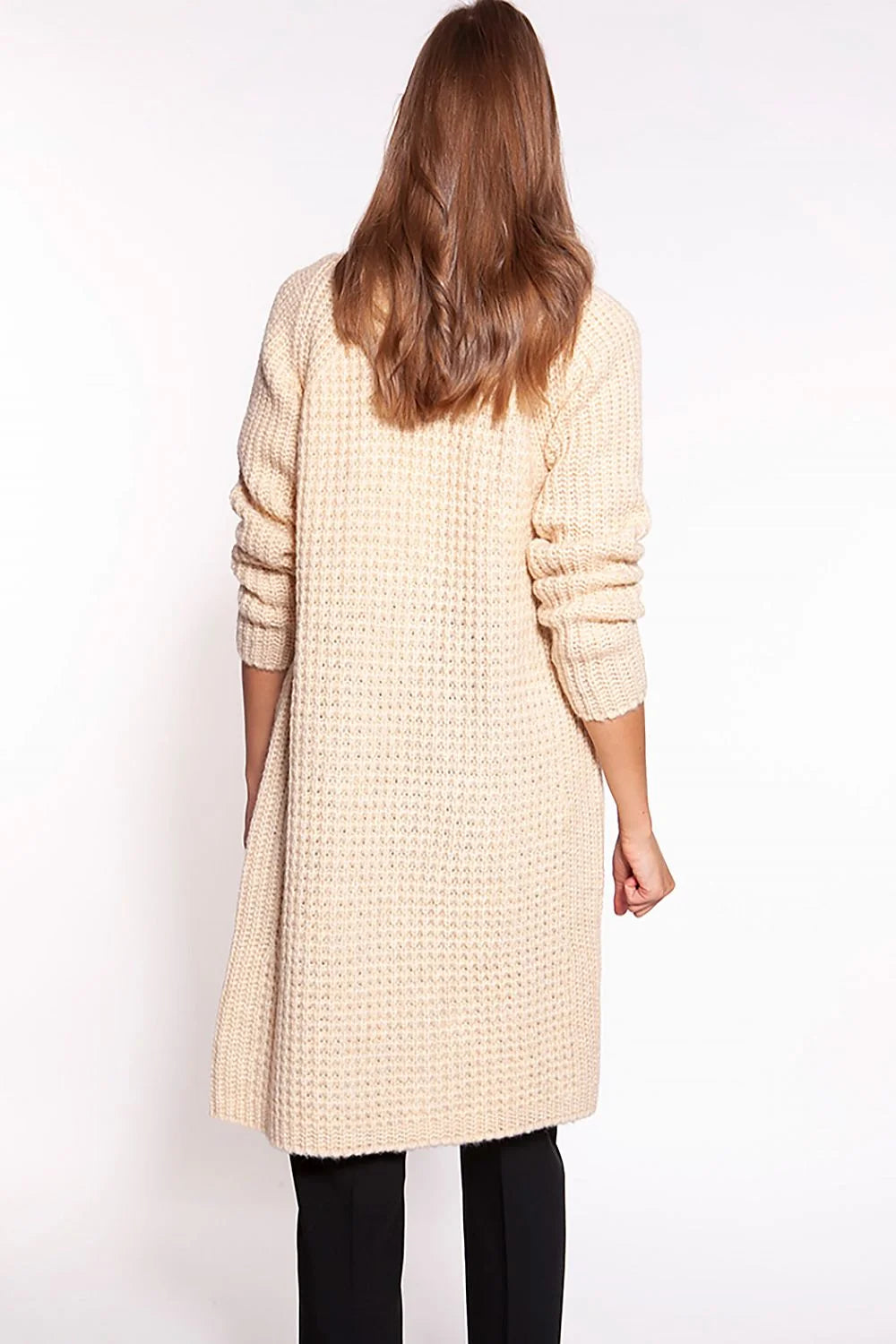 cardigan femme beige clair long col châle gaufrée laine acrylique cocooning manches bouffantes poches plaquées coupe mi cuisse