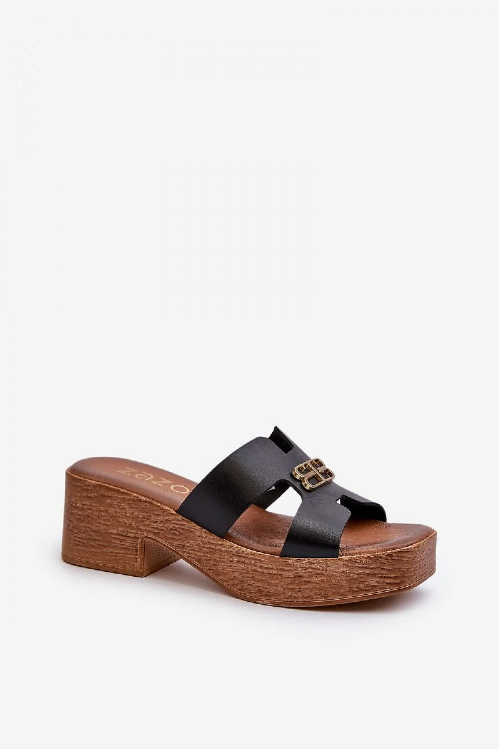 sandales compensées femme cuir noir semelle bois talon 6cm plateforme 3cm brides larges boucles dorées élégantes