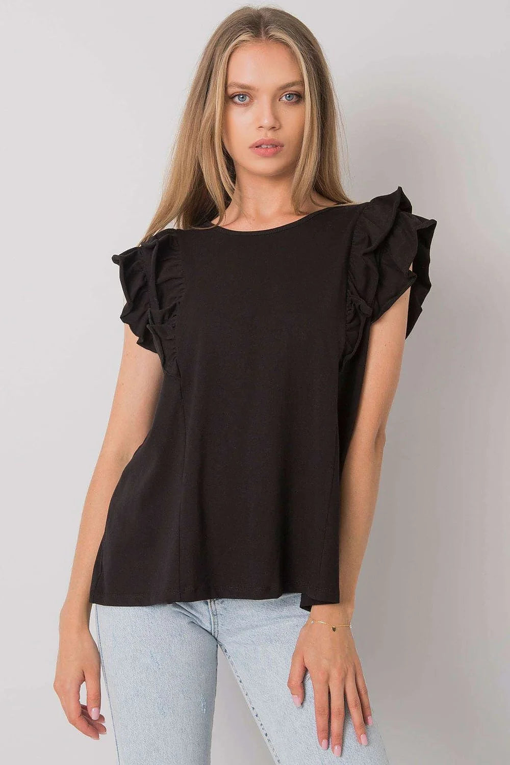Chemisier Och Bella Chemisier Fille Manches Courtes Volants Élégant Coton Élasthanne Taille Unique Noir
