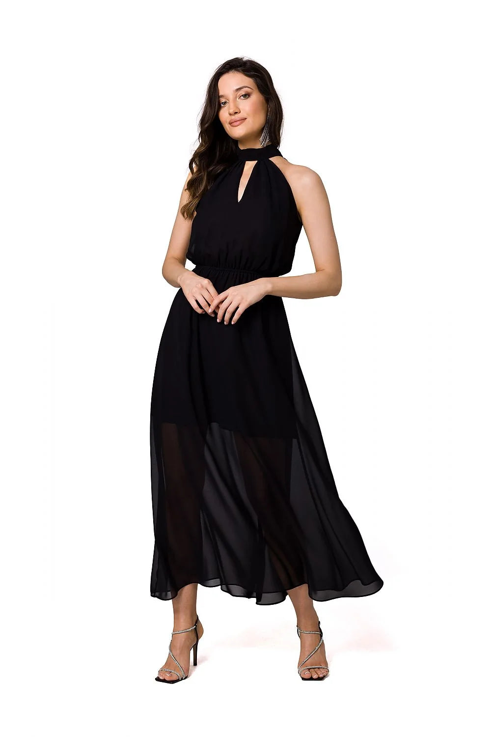 Robe de cocktail élégante en mousseline noire sans manches encolure licou taille élastiquée pour femme