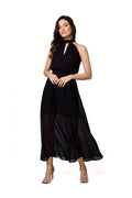 Robe de cocktail élégante en mousseline noire sans manches encolure licou taille élastiquée pour femme