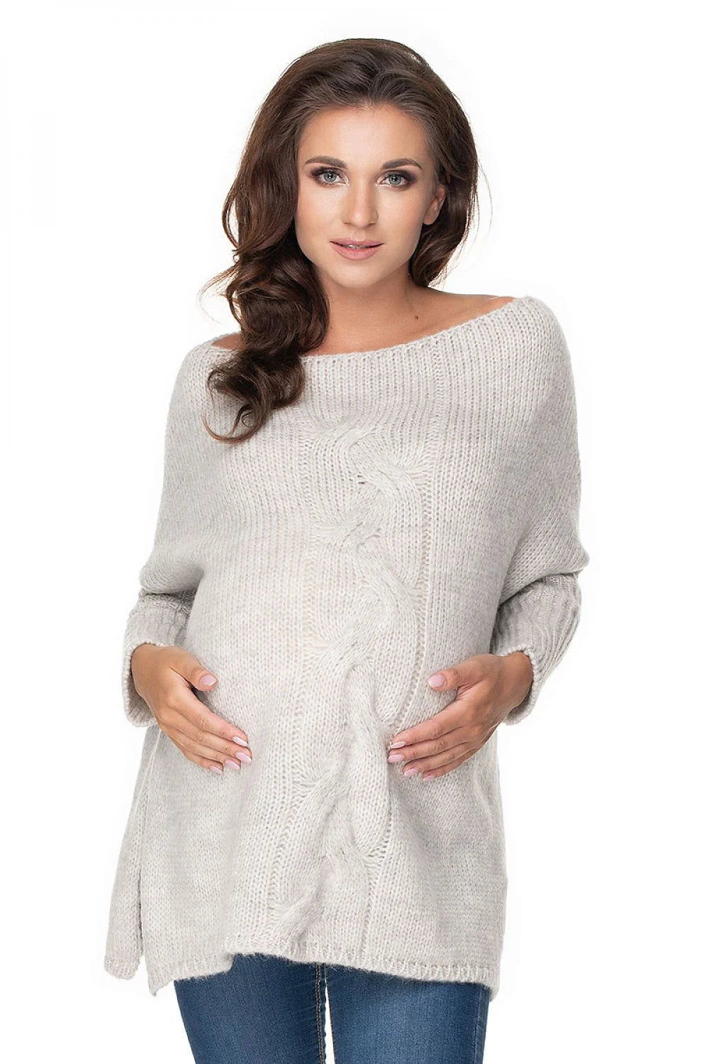 pull oversize femme long tunique maille tricotée crème col bateau torsadé vertical coupe ample manches longues fentes latérales douceur maternité