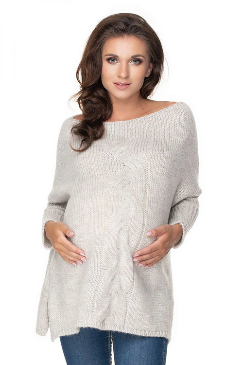 pull oversize femme long tunique maille tricotée crème col bateau torsadé vertical coupe ample manches longues fentes latérales douceur maternité