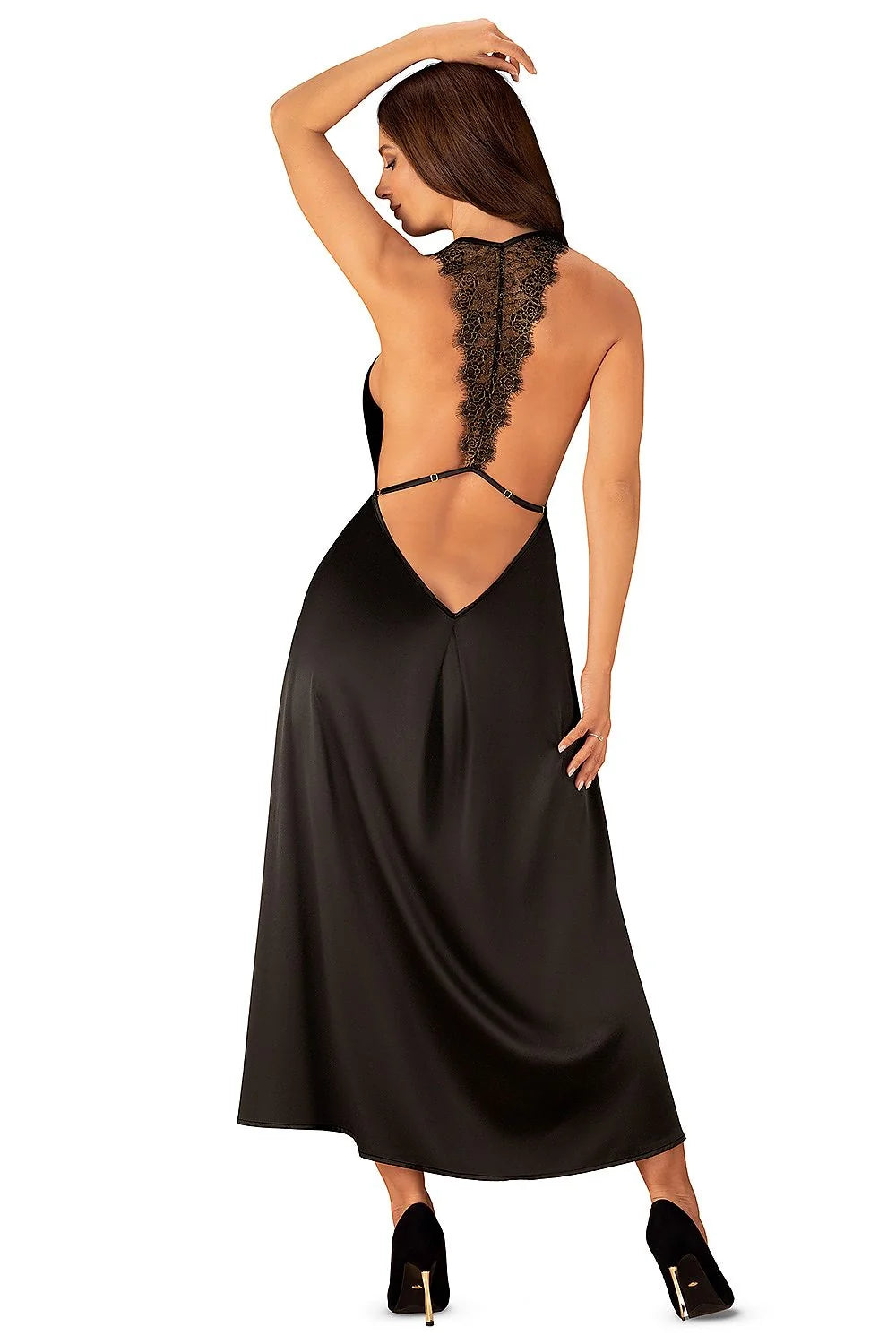 Robe de soirée élégante longue manches longues dos nu dentelle noire taille ajustable femme