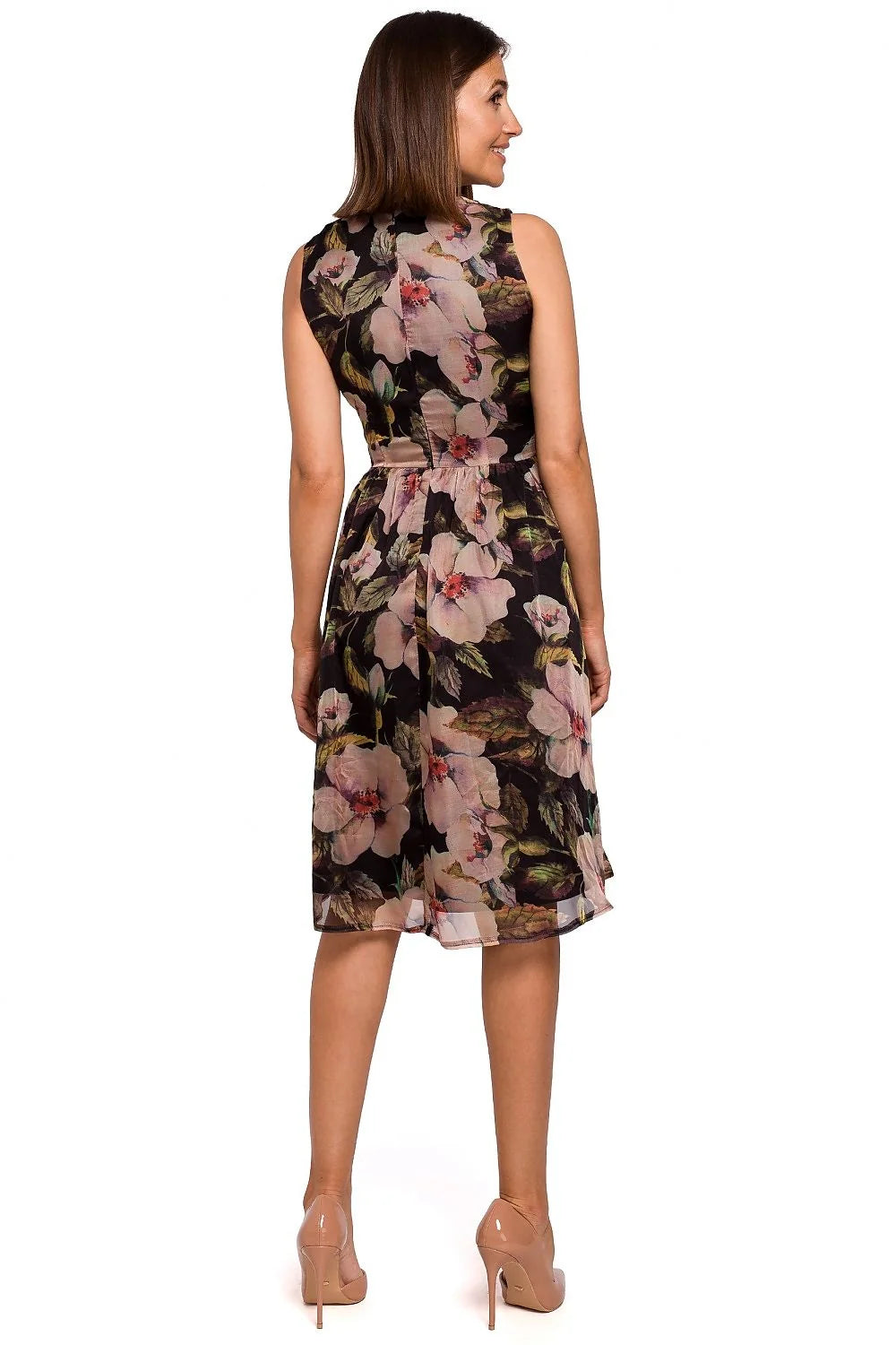robe midi sans manches décolleté plongeant drapé froncé taille cintrée ceinture décorative tissu polyester fluide imprimé floral bleu pastel romantique