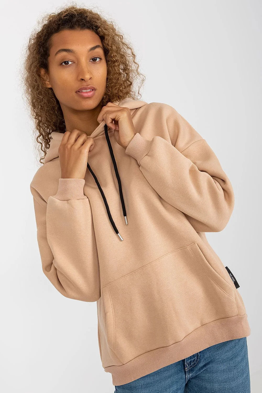 Sweatshirt Rue Paris pour femme longues manches capuche poche kangourou beige moderne casual