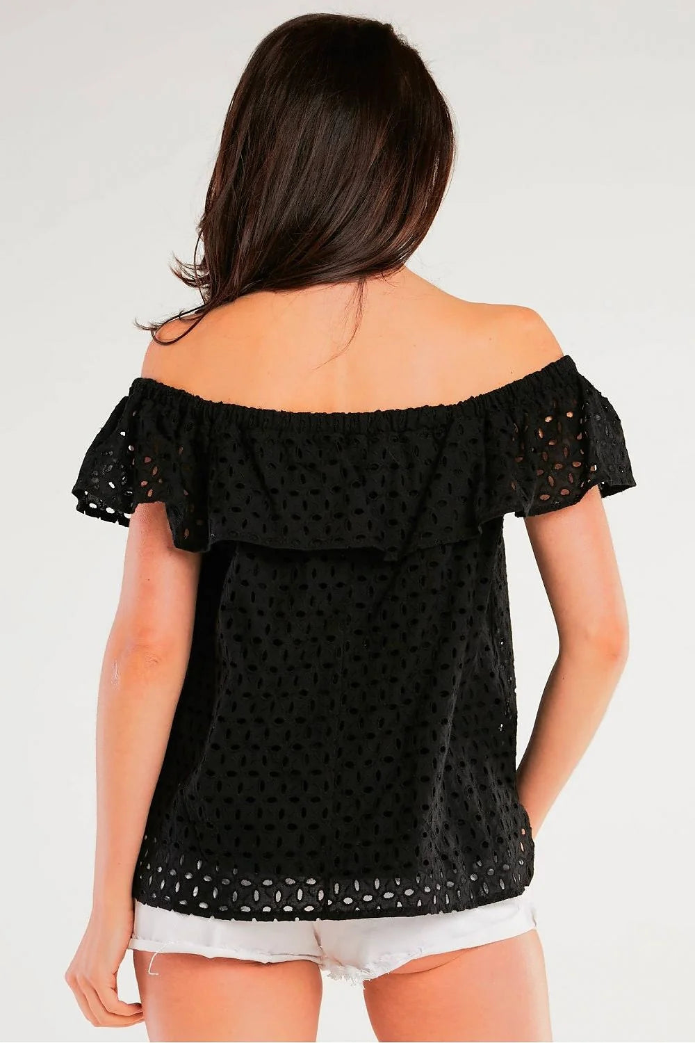 chemisier awama femme bardot épaules dénudées manches courtes volantées broderie anglaise ajouré coton léger respirant coupe droite longueur hanches noir