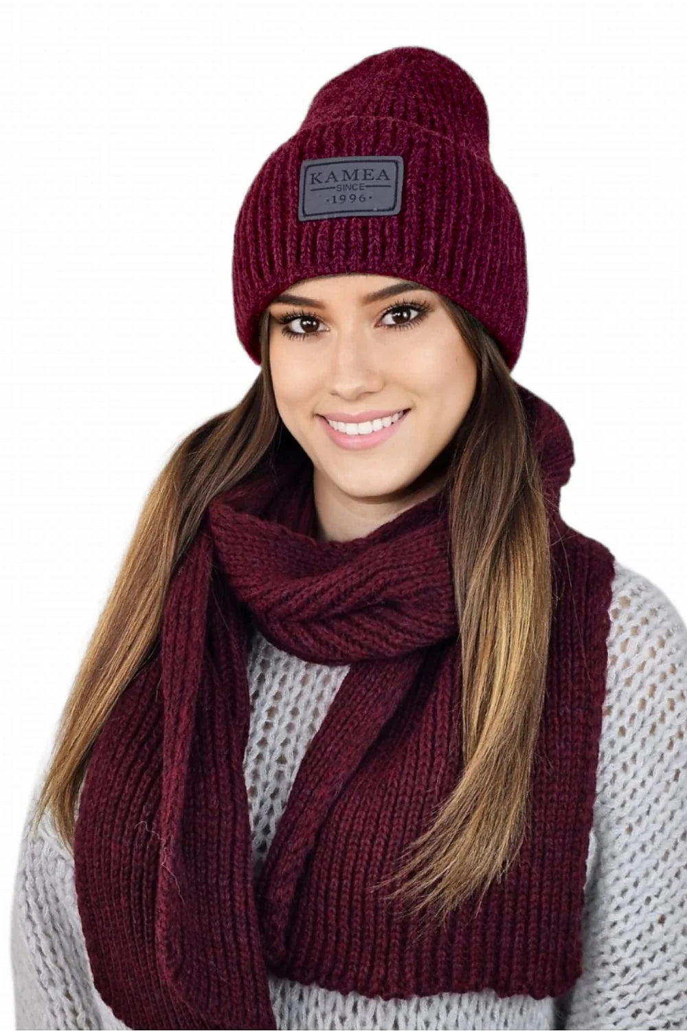 bonnet écharpe hiver laine mélange mohair alpaga bordeaux côtelé épais doux chaud confortable enveloppant ajusté revers double patch logo KAMEA