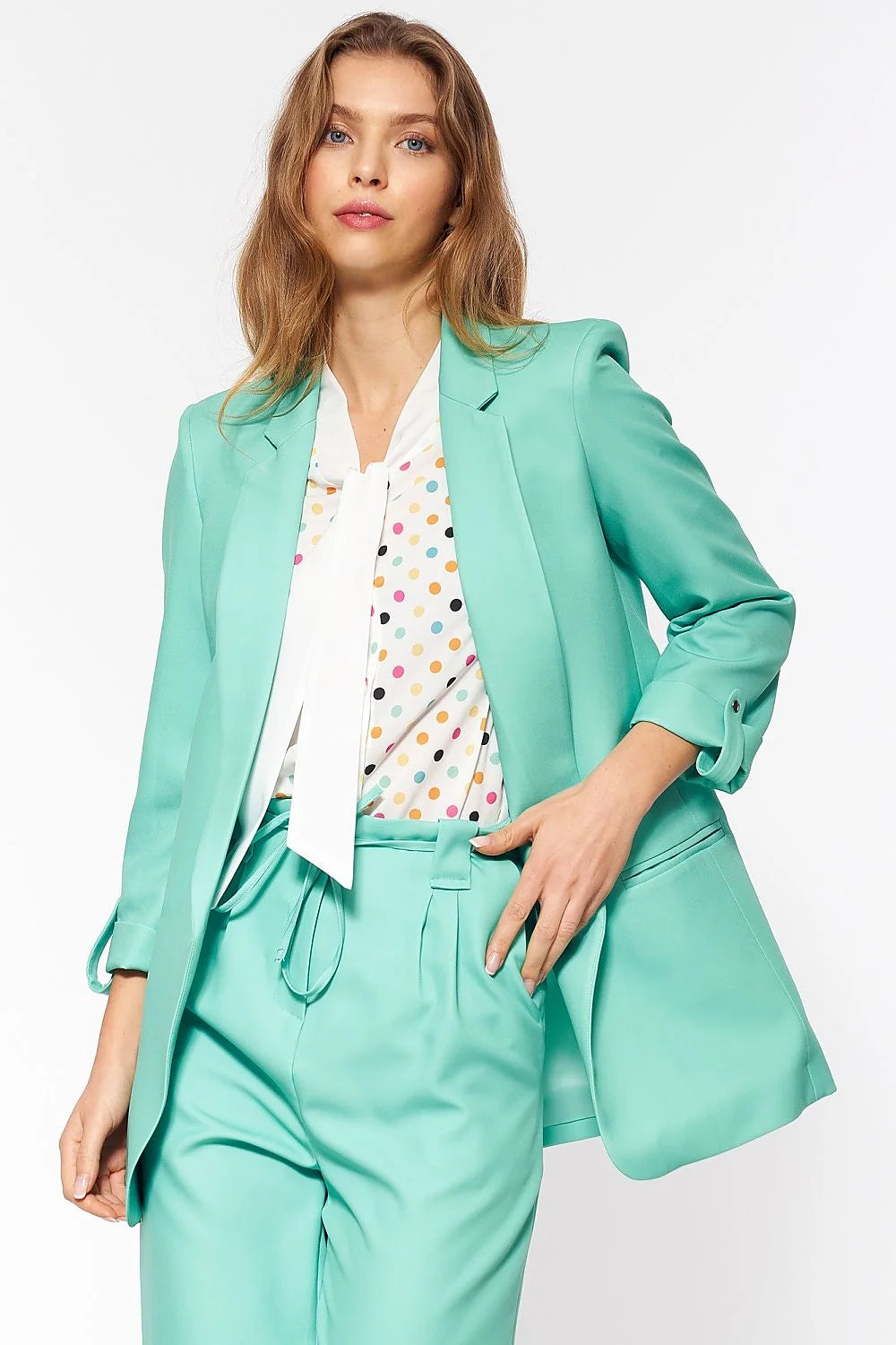 Ensemble de mode féminine aqua tailleur blazer blouse chemisier polka dot hauts bas trousers高腰