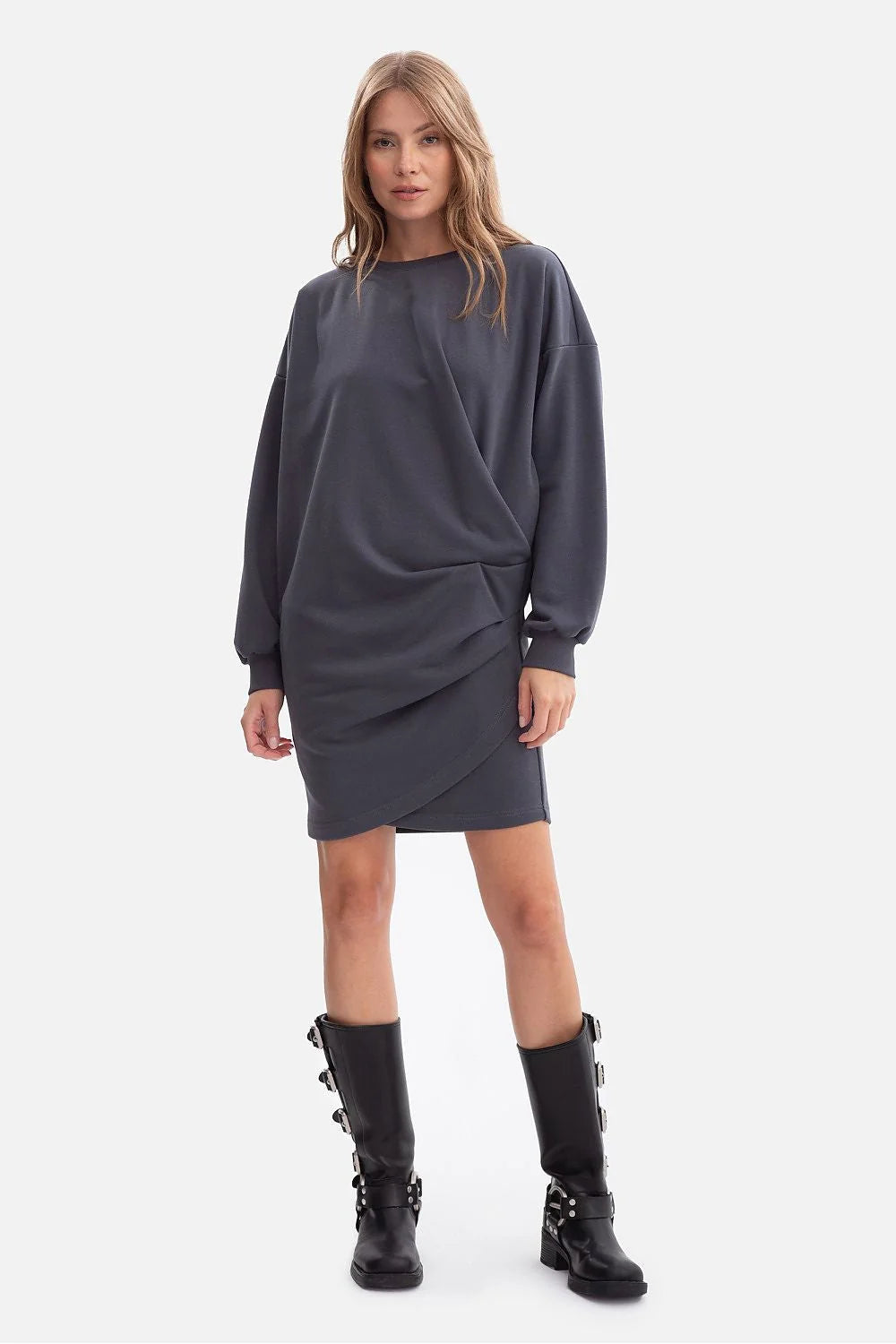 robe femme oversize sweat jersey molleton doux doublure bouclette col rond manches longues poignets côtelés mini longueur asymétrique