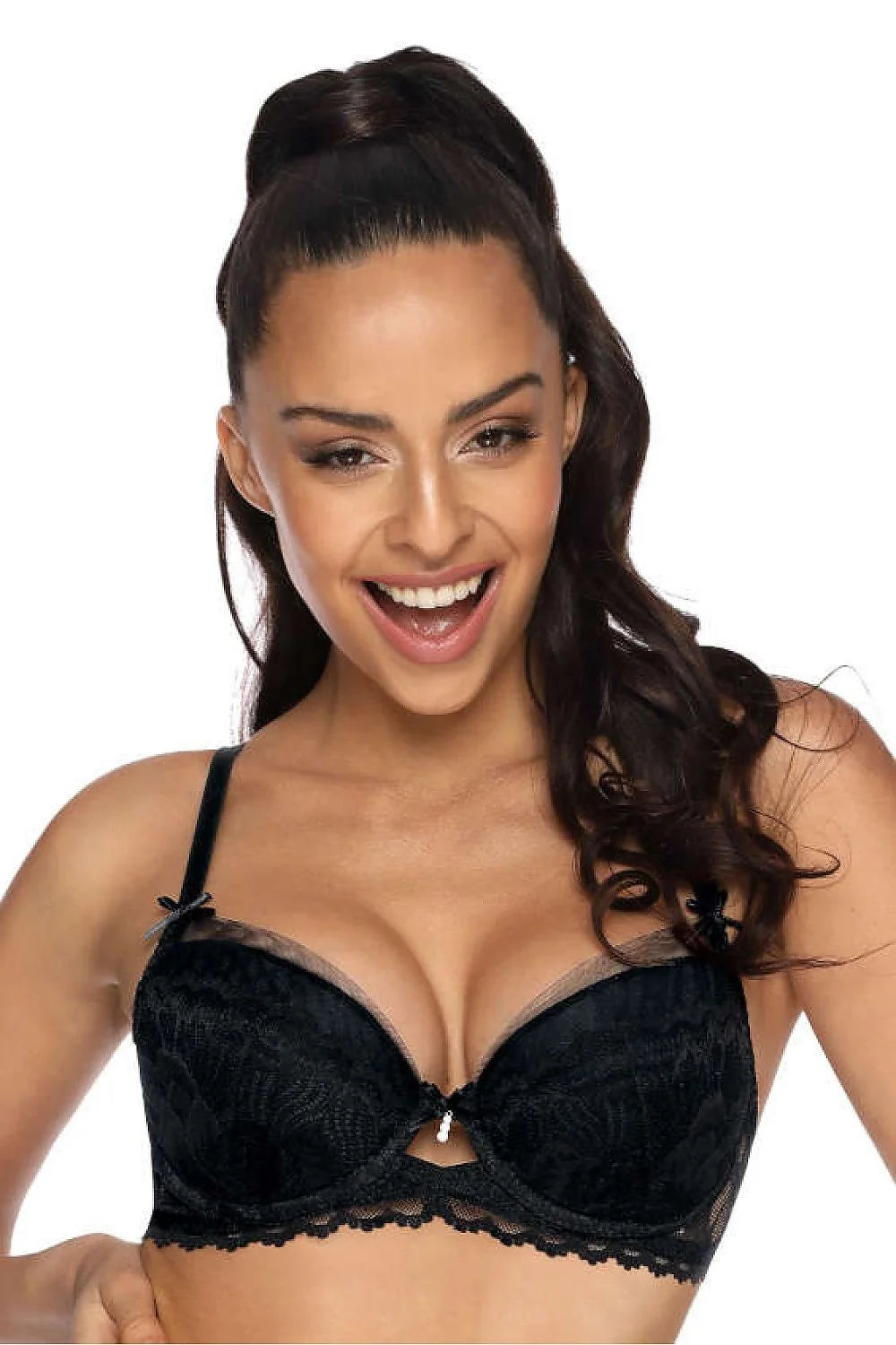 Soutien-gorge push-up élégant dentelle noire rembourré ajustable bretelles réglables nœud décoratif lingerie féminine