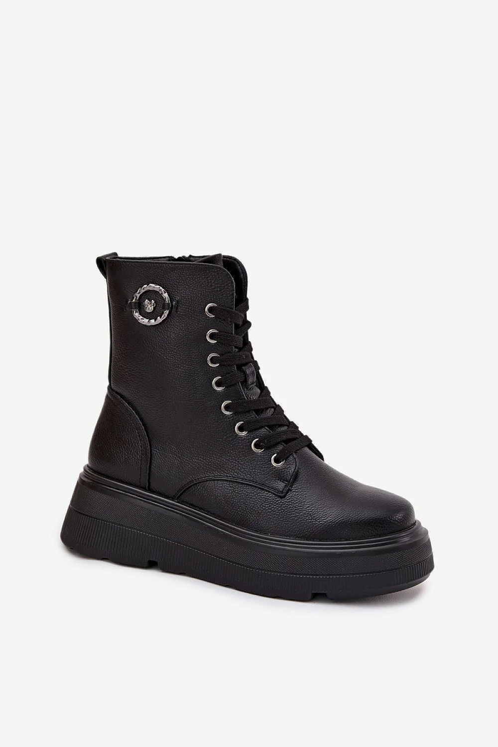 bottines femme Vinceza similicuir noir montantes combat lacets zip plateforme epaisse crantee 5cm bout rond medaillon decoratif doublure chaude confortable