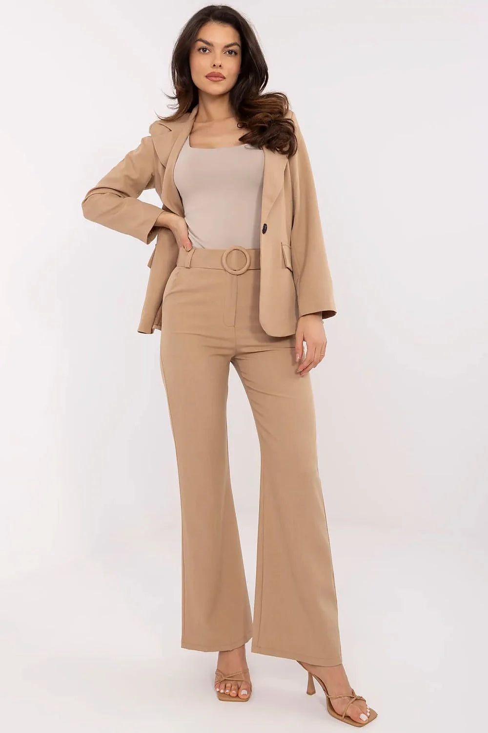 Pantalon femme Italy Moda élégant polyester haute qualité taille haute jambes évasées blazer assorti top neutre beige
