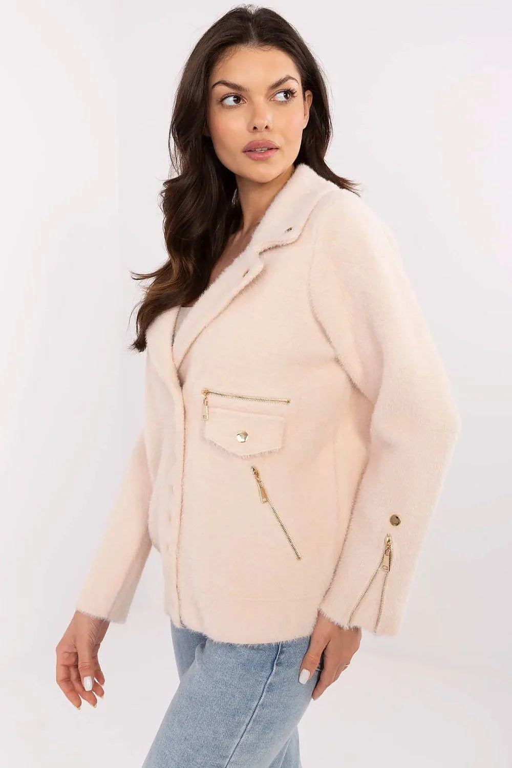 Veste élégante pour femme en mélange de laine, viscose et angora, col cranté, boutons dorés, coupe droite, poches zippées