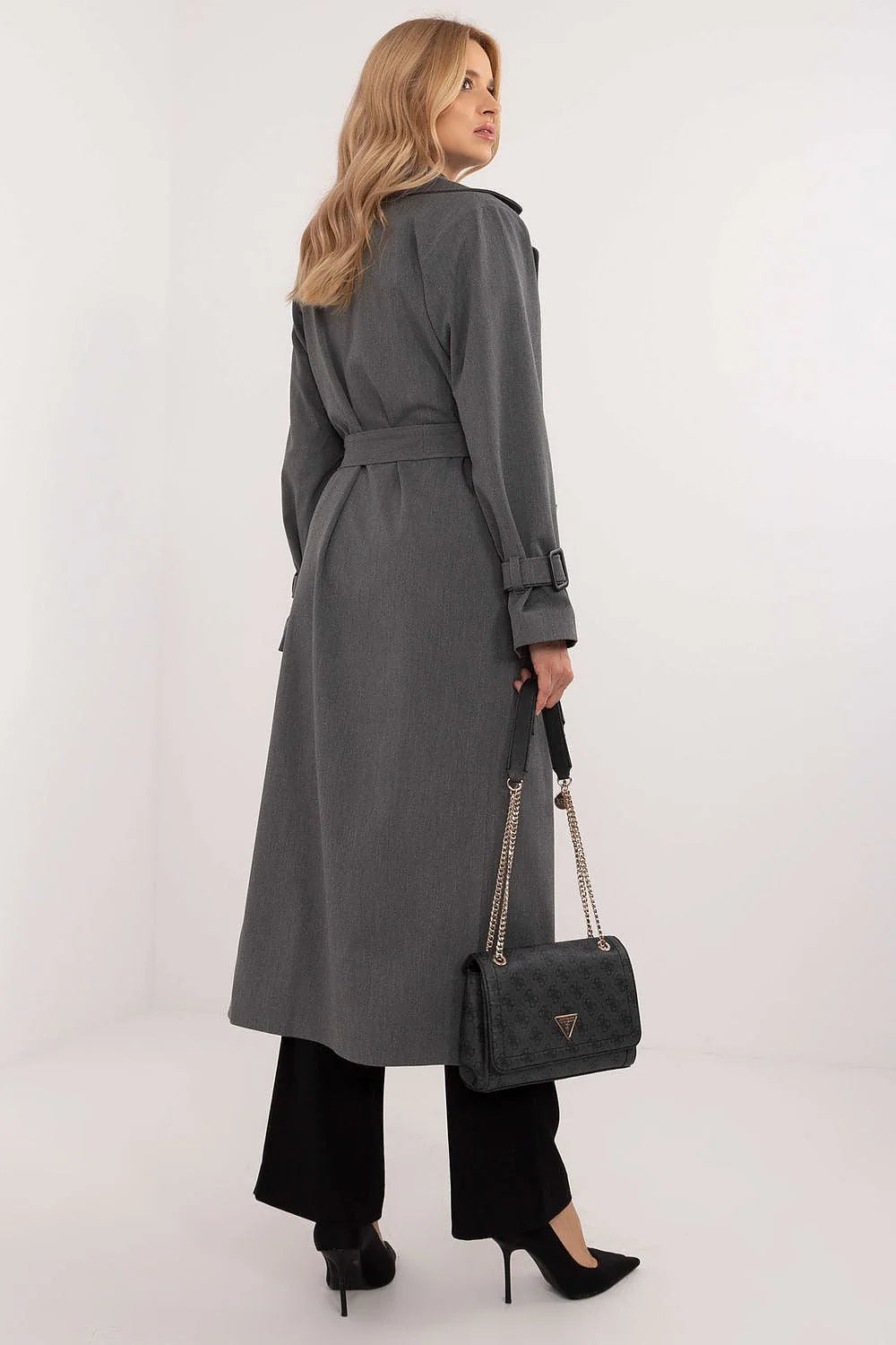 Manteau Lakerta élégant pour femme trench-coat gris long col à revers ceinture boutons doubles manches longues poches latérales automne hiver printemps