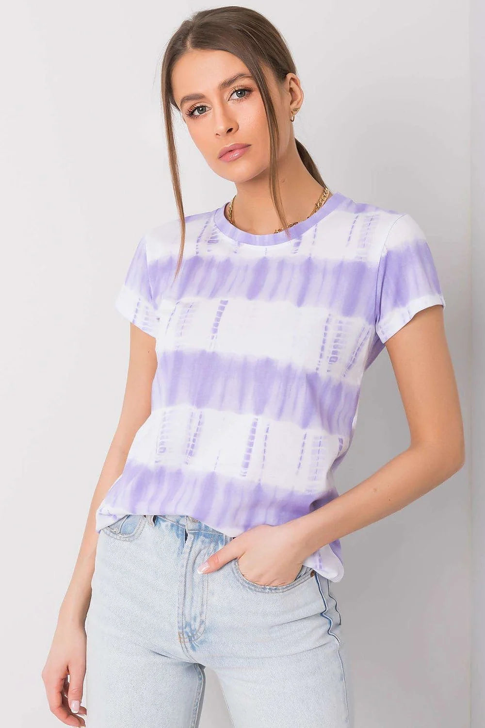 T-shirt femme Italy Moda design moderne tie-dye violet coton 100% coupe ajustée manches courtes encolure ronde