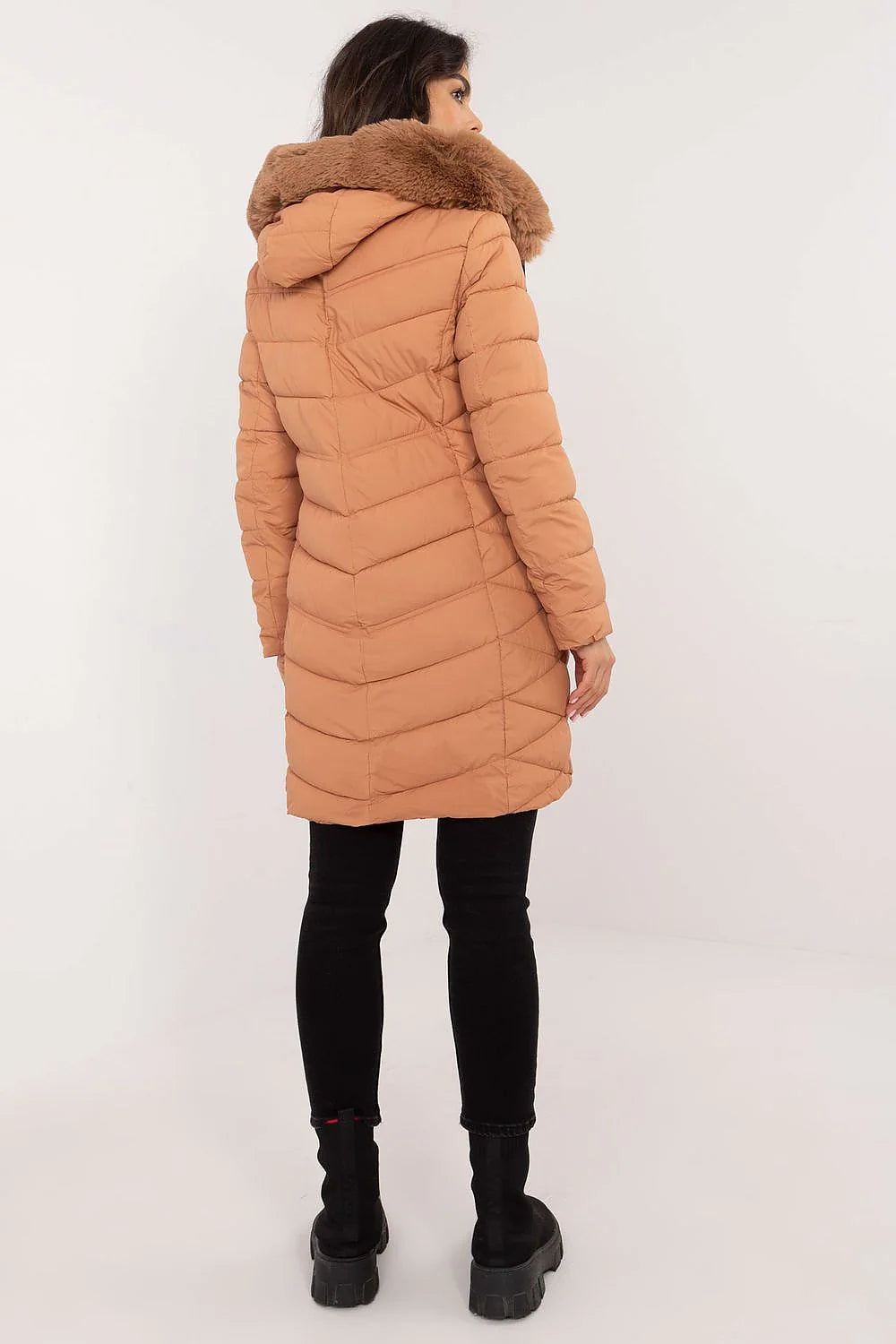 Manteau d'hiver pour femme chaud style moderne coupe ajustée fourrure amovible couleur brun camel polyester matelassé