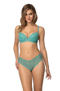 soutien gorge pushup turquoise balconnet armatures rembourré dentelle florale bonnets structurés bijou central bretelles réglables culotte taille basse maintien confortable