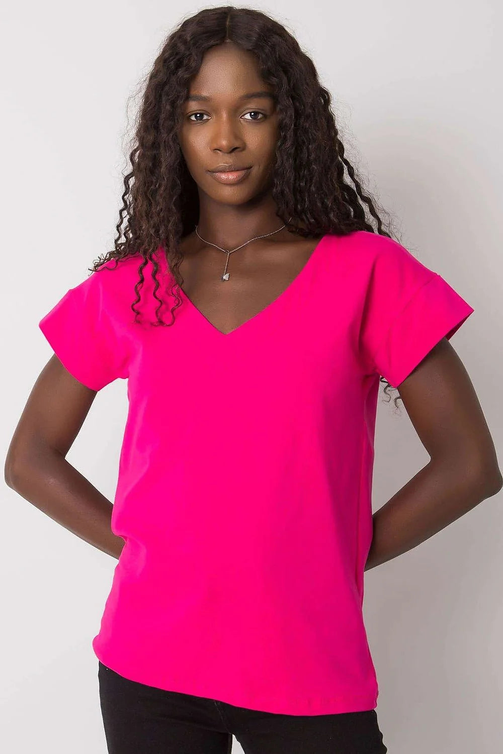 chemisier BFG manches courtes col V profond coton élasthanne féminin élégant fuchsia ajusté confortable respirant polyvalent