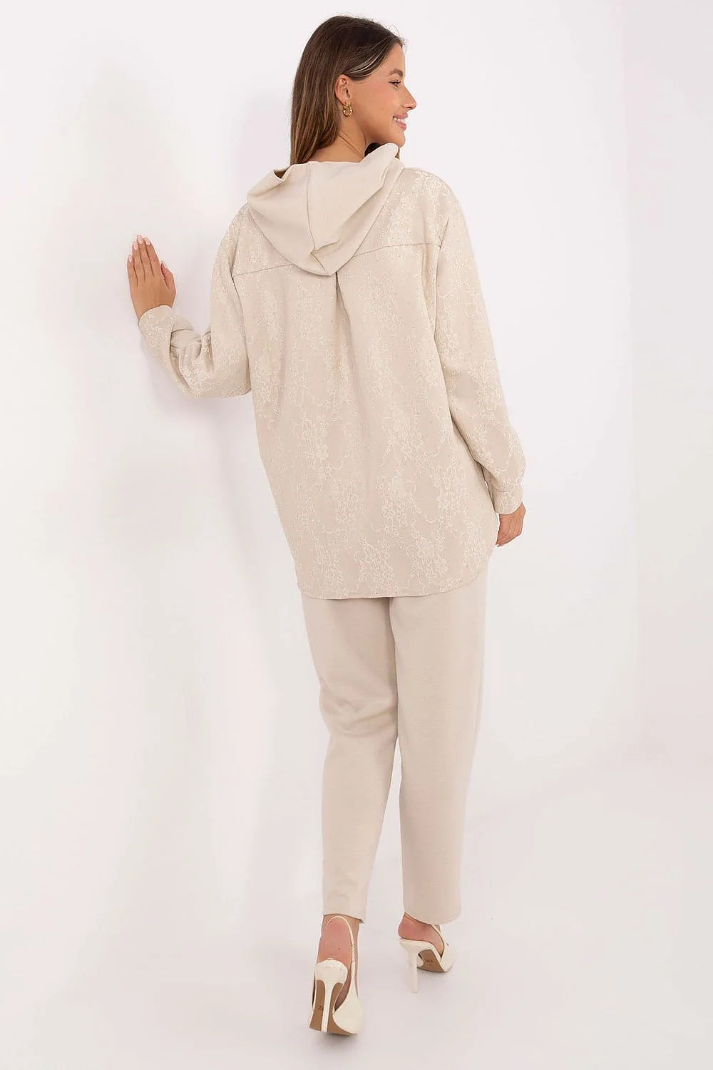 ensemble femme deux pièces sweat capuche oversize beige molleton doux pantalon cheville fuselé viscose élasthanne dentelle strass poches taille élastique
