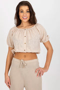 chemisier femme court bohème estival coton naturel respirant broderie ajourée florale bardot épaules manches bouffantes poignets élastiqués boutons effet bois