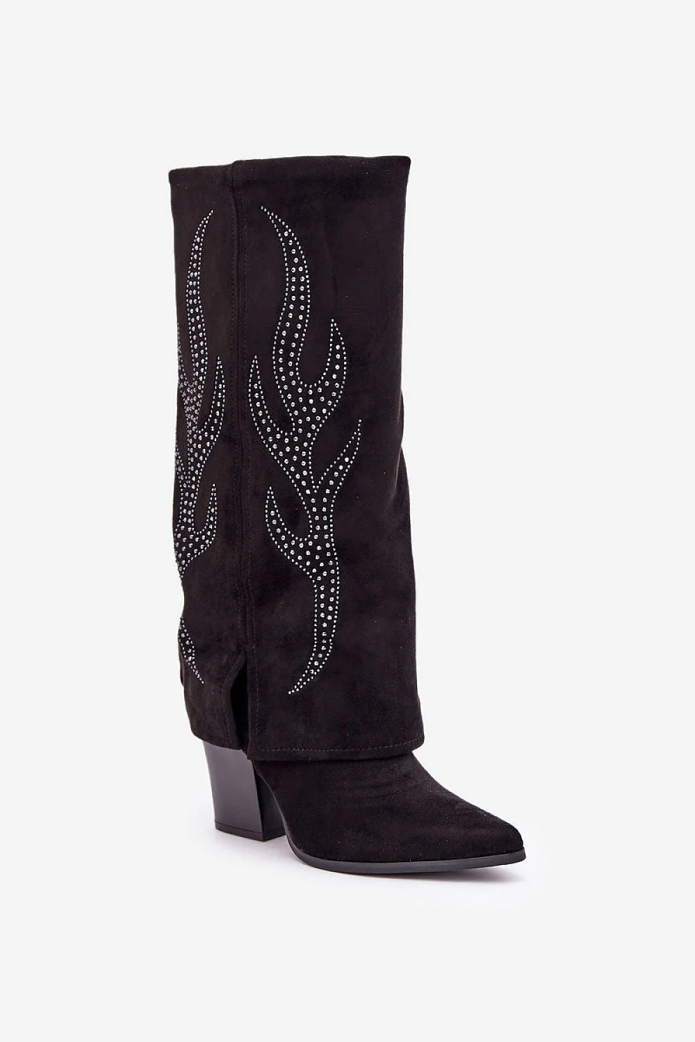 Bottes à talons Step in style en cuir suédé noir écolabellisé haute taille 35.5 cm bout pointu motif flamme argenté femmes