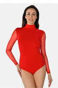 Body sexy élégant rouge foncé manches longues transparentes col montant coupe moulante silhouette féminine occasion spéciale