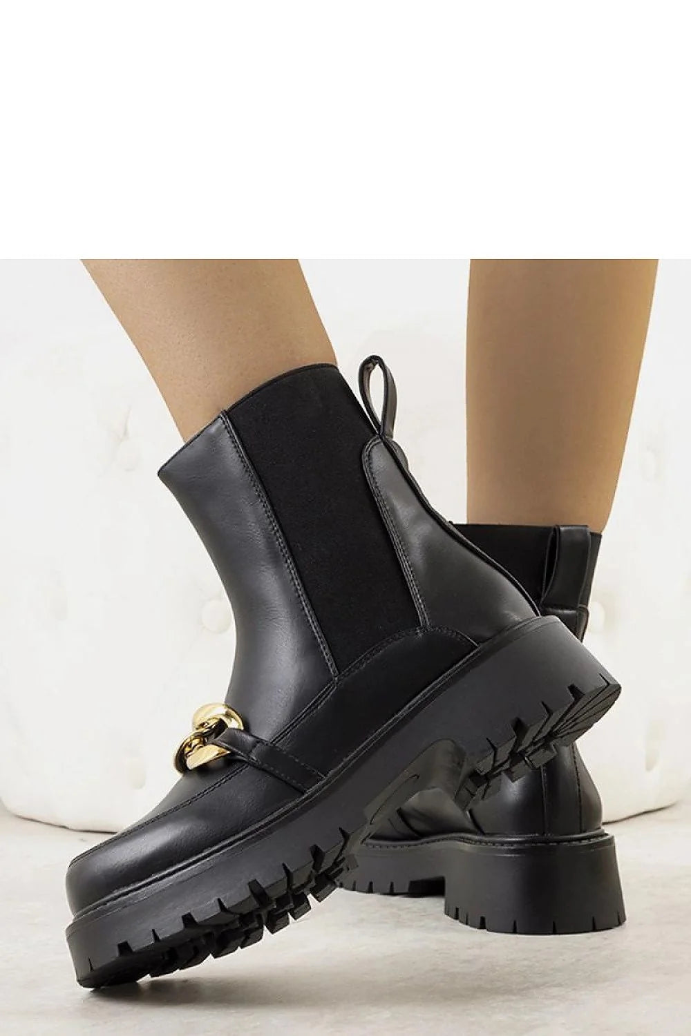 Bottines pour femmes设计 chic et moderne cuir noir haute qualité semelle épaisse talon surélevé chaîne métal doré occasion urbaine