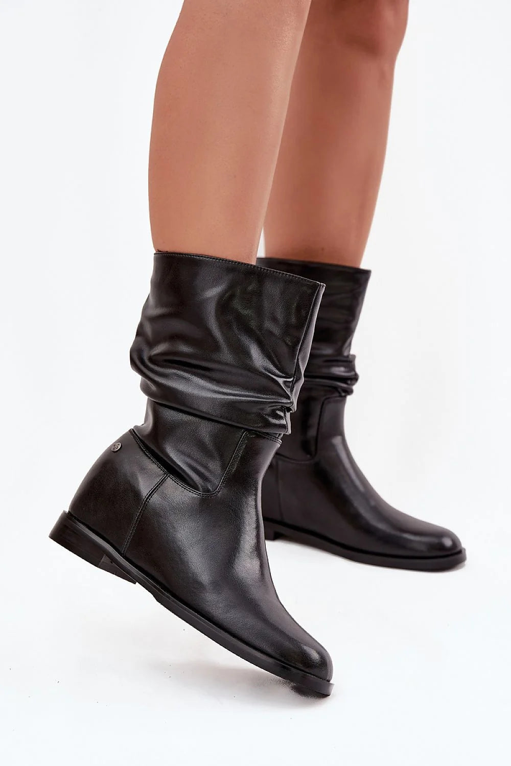 bottines femme Maciejka cuir naturel noir mi mollet tige froncée talon bas plat doublure chaude bout rond semelle souple confort