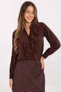 chemise femme manches longues col montant jabot volants cascade chocolat polyester elasthanne fluide tombée élégante cintrée poignets boutonnés confortable ajustée