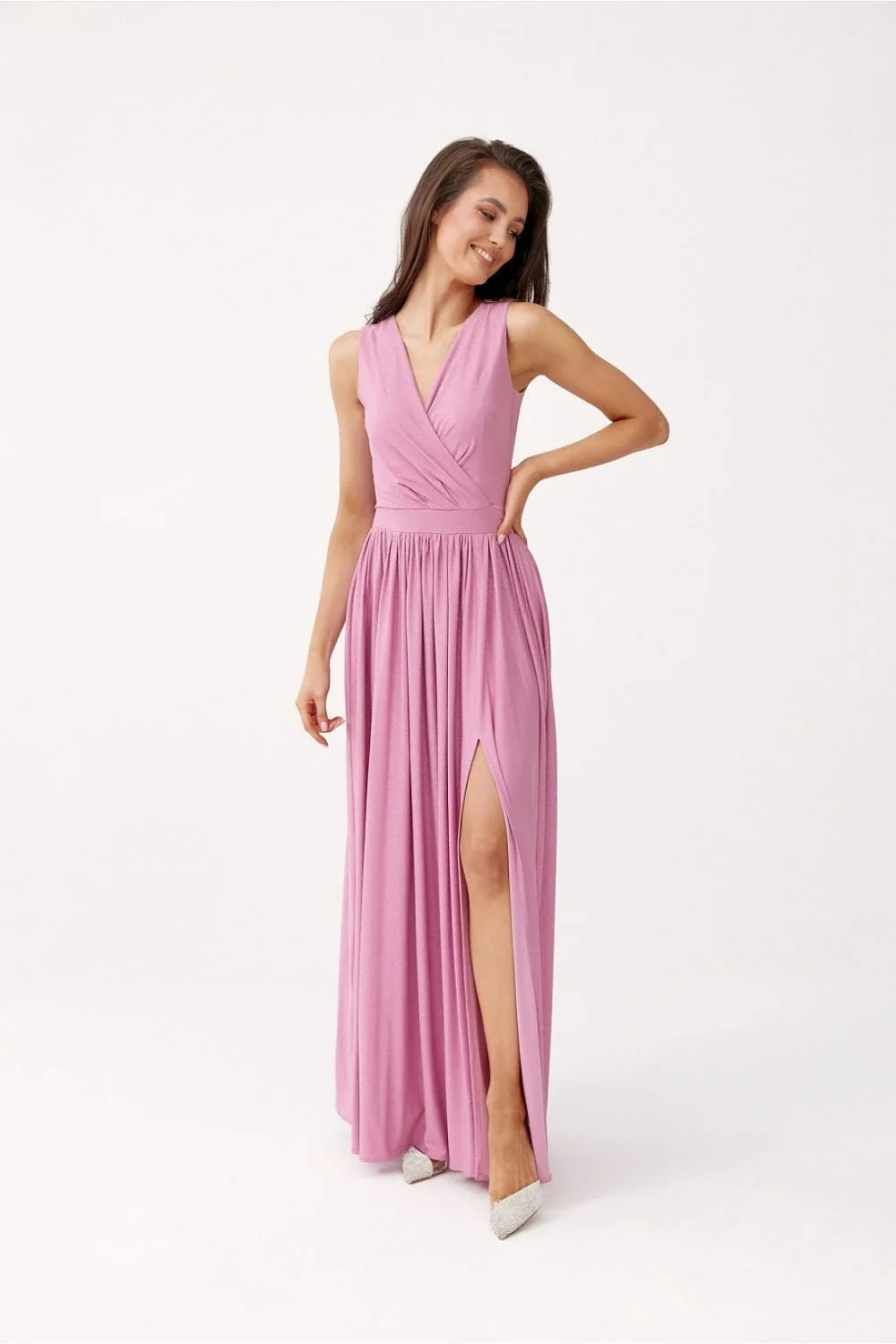 Robe longue élégante pour femme en tissu fluide couleur rose mauve encolure V croisé fente haute ceinture taille ajustable occasion spéciale