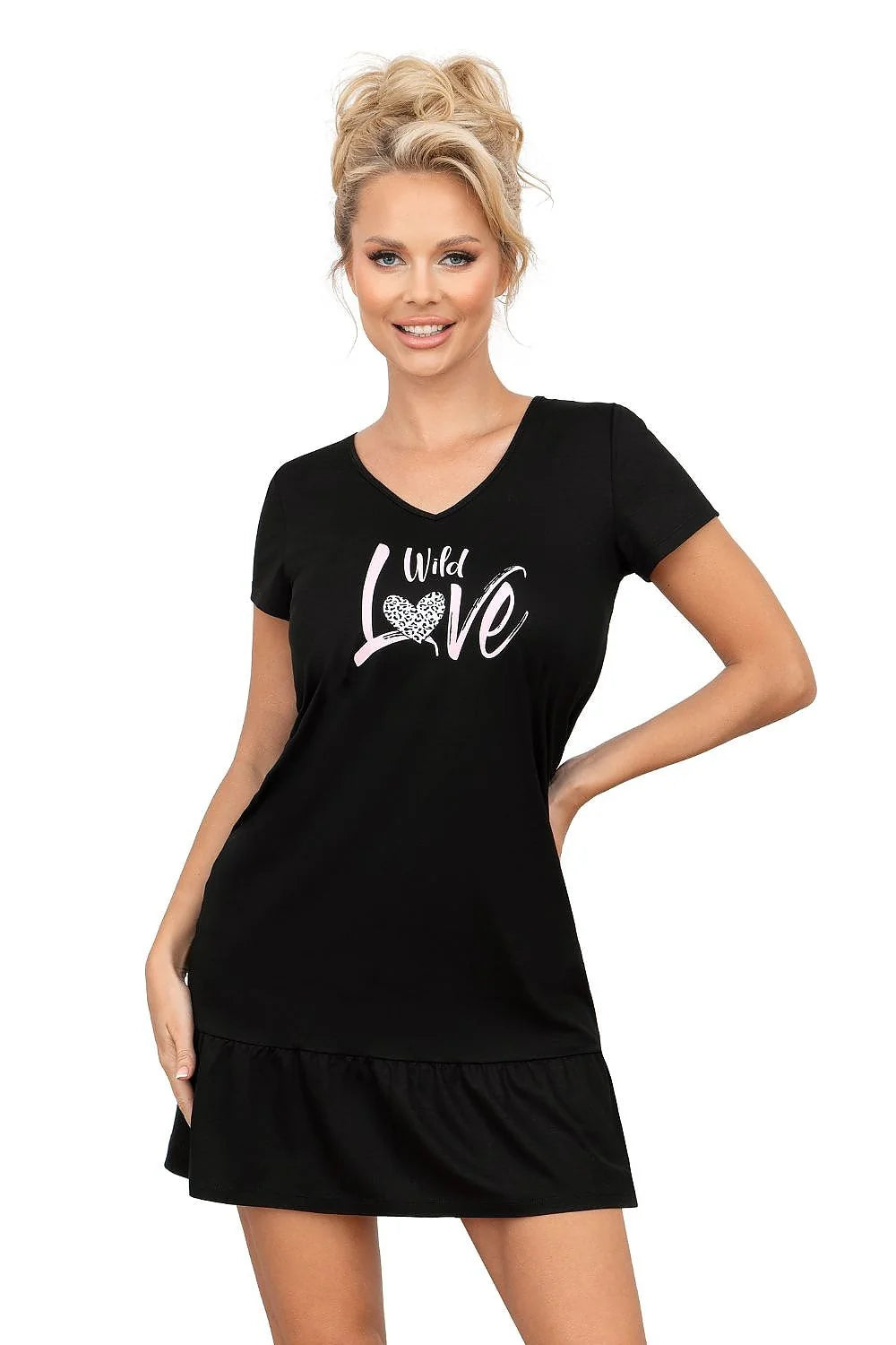 Chemise de nuit Donna en coton noir imprimé panthère manches courtes encolure en V volant à la base féminine et élégante